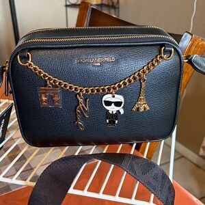 Karl Lagerfeld Black Crossbody Bag with Gold Chain and Charms